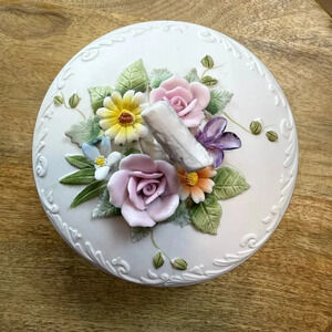 Vintage Lefton Porcelain Floral Covered Footed Candy Dish